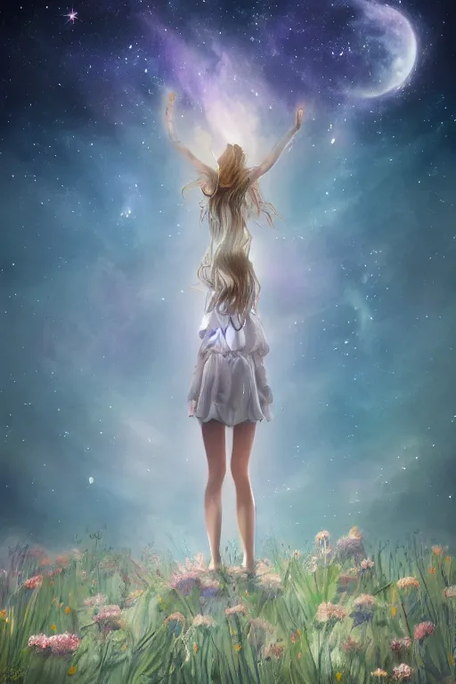 Prompt: breathtaking beautiful mystical illustration of a girl standing in a field of wild flowers gazing up at night sky, stars and milky way and moon, extreme foreshortening, bottom - up perspective, by akageno saru and thomke meyer and julia plath, trending on artstation and tumblr