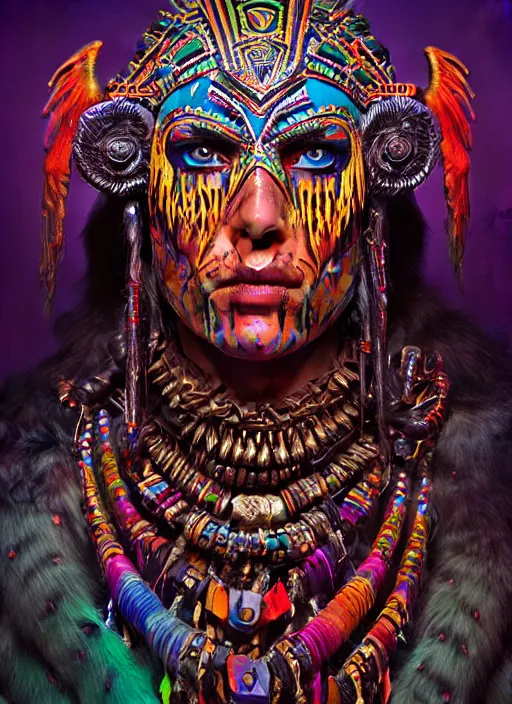 Image similar to portrait of jensen ackle, hyper detailed ultra sharp aztec shaman warrior. trending on artstation, warpaint aesthetic, bloodwave, colorful, psychedelic, ornate, intricate, digital painting, concept art, smooth, sharp focus, illustration, art by artgerm and greg rutkowski and h. r. giger, 8 k