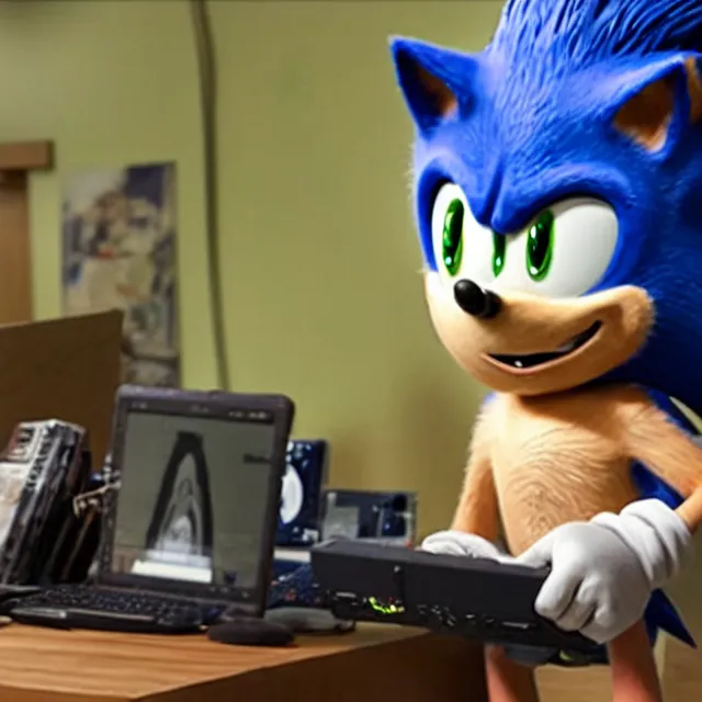 Image similar to still of sonic playing videogames in sonic the hegdehog movie