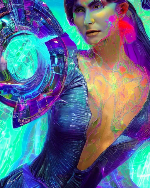 Image similar to a powerful energy psychedelic matrix priestess, by alexander fedosav, hyper detailed digital matte painting, concept art, hyperrealism, 1 6 k resolution, cinema 4 d, 8 k resolution, trending on artstation, behance hd, a masterpiece, by stephan martiniere, particles, cel - shaded, power bright neon energy, by david a. hardy,