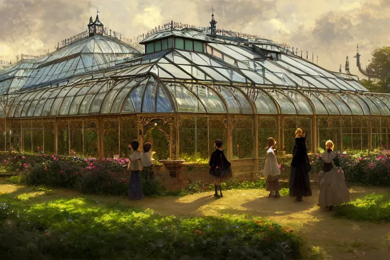 Prompt: an ornate victorian greenhouse, party in front, scene in an open field. 1 8 9 0, key visual, conceptart, ambient lighting, highly detailed, digital painting, artstation, concept art, sharp focus, by makoto shinkai and akihiko yoshida and greg manchess