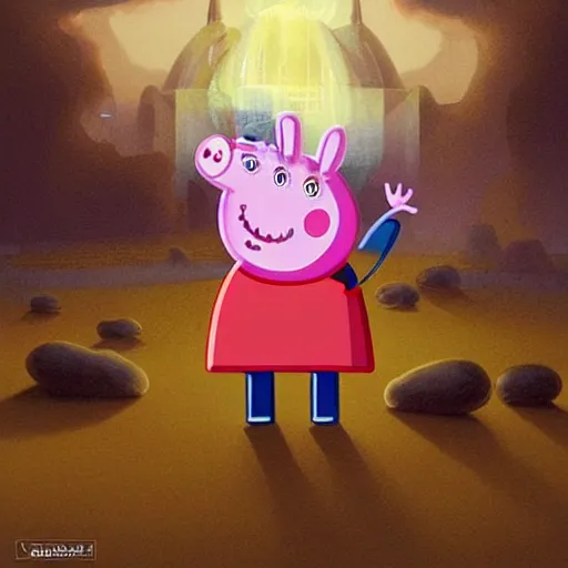 Image similar to Peppa Pig plays in front on a large nuclear explosion that has created a large nuclear mushroom and is totally oblivious to the fact that the city is in flames and everyone die. Elegant, intricate, digital painting, artstation, concept art, smooth, sharp focus, illustration, art by artgerm and greg rutkowski and alphonse mucha