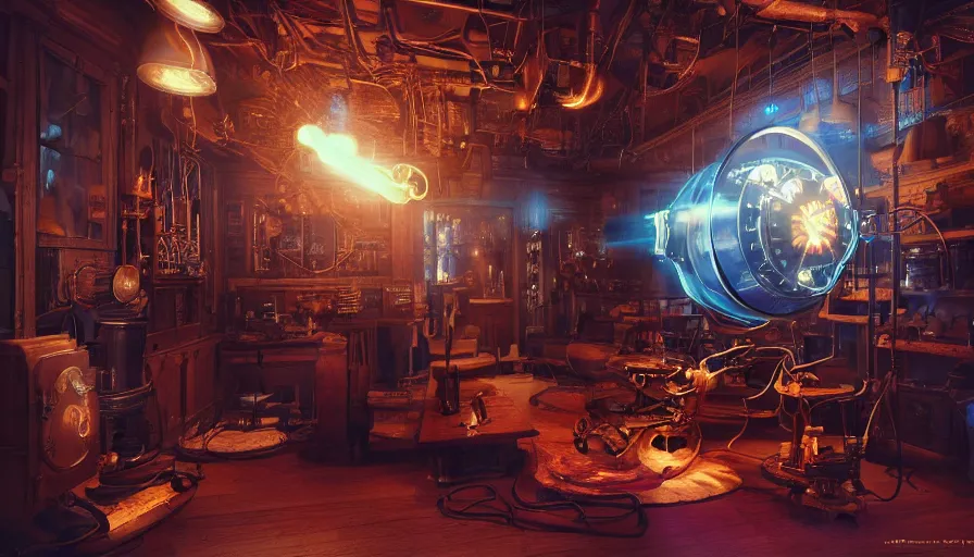 Prompt: A glowing electrical Steampunk hover boots in a victorian museum, james gurney, cinematic lighting, lots of steam and sparks, wires made of copper, artstation, vibrant nature, Tuomas Korpi, tekkon kinreet, volumetric light, artstation, , octane render, redshift render, low angle camera, rich deep moody colors