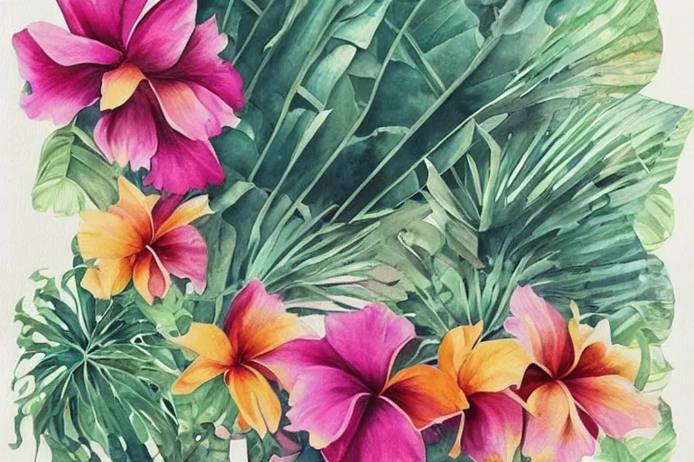 Image similar to watercolor artwork of exotic, elegant tropical prints : : trending on artstation