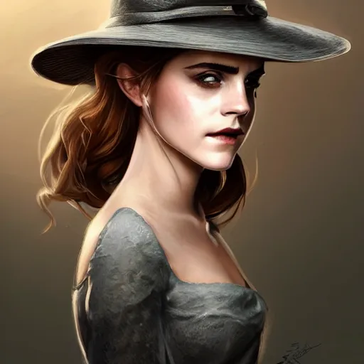 Image similar to sensual emma watson wearing a hat and a dress, looking seductive, cowgirl, hyperrealistic, artgerm, greg rutkowski, artstation, highly detailed