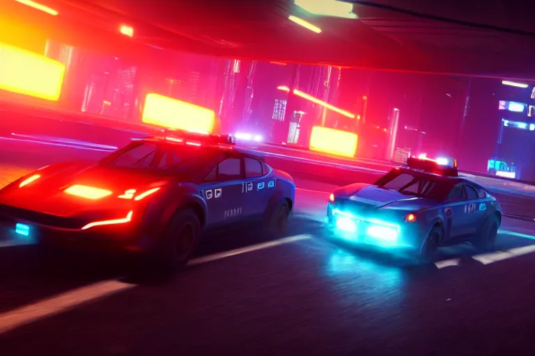 Image similar to film still from blade runner, cyberpunk tesla police car chasing cars, rocket league, global illumination, volumetric lighting