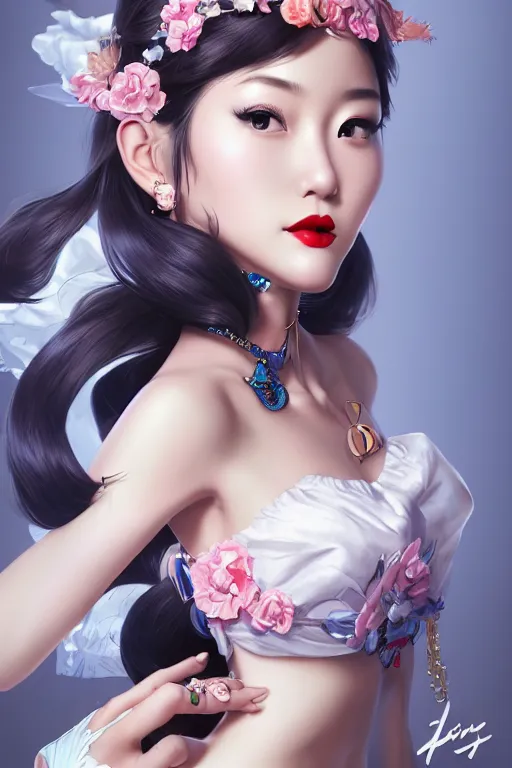 Prompt: a pin up and beautiful fashion and charming and dreamlke japan girl with jewelry, art by artgerm & jeehyung lee & wlop, hyperdetailed, 8 k realistic, lv, dior, symmetrical, frostbite 3 engine, cryengine, dof, trending on artstation, digital art, lv, dior