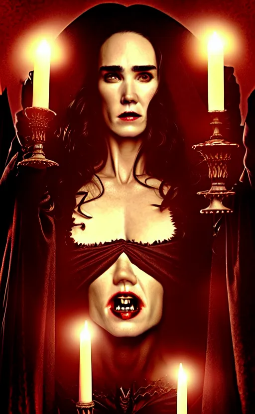 Image similar to jennifer connelly vampire queen, sharp fangs, blood, full body, intricate victorian dress, digital art, middle shot, cinematic lighting, studio quality, symmetrical eyes, artgerm, joshua middleton, rafael albuquerque, moody lighting, candles, art style by klimt, nixeu and ian sprigger and wlop and krenz cushart