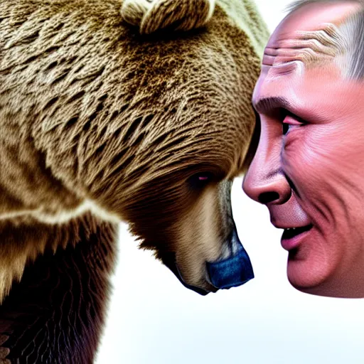 Image similar to vladimir putin kisses a bear, french kiss, lovely, insane details, clear face and eyes, textured, 8 k, professional photography