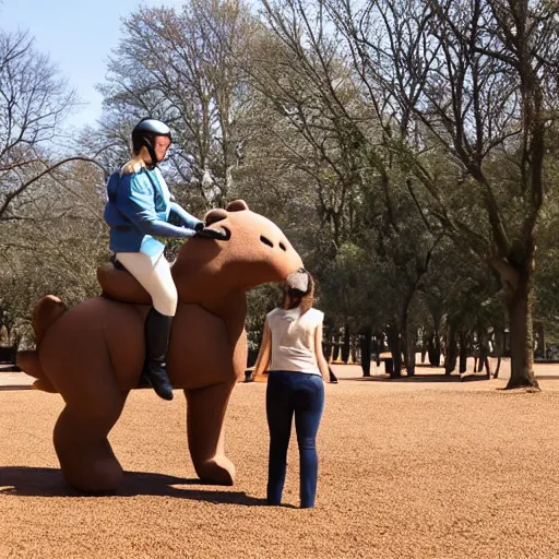 Image similar to equestrian riding a giant bear in the park