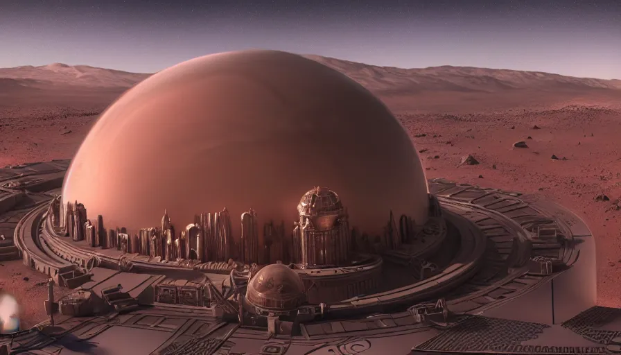 Prompt: highly detailed render of mars metropolis under a dome, hyper detailed, digital art, led lighting, studio quality, smooth render, unreal engine 5, octane render, trending on artstaion.