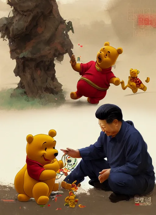 Image similar to portrait of Xi Jinping playing with Winnie the Pooh in a trashy Chinese dirt poor temple, beta weak male, digital painting, concept art, smooth, sharp focus, illustration, from Metal Gear, by Ruan Jia and Mandy Jurgens and William-Adolphe Bouguereau, Artgerm