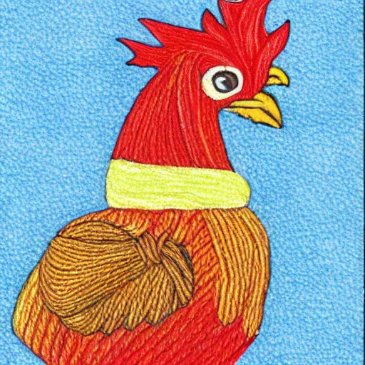 Image similar to A chicken knitting a scarf, color drawing