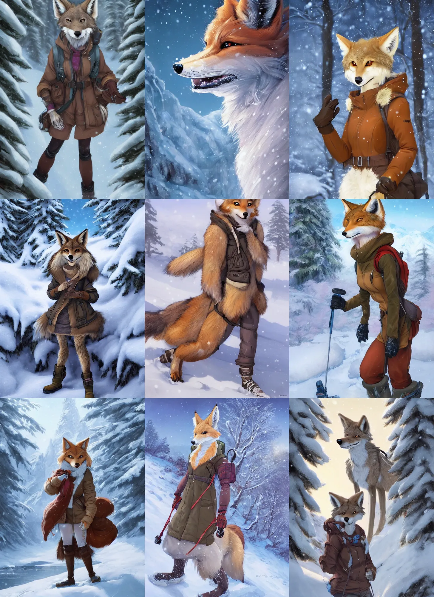 Prompt: beautiful portrait of a female anthropomorphic coyote fursona wearing snow hiking gear in the snowy mountains. detailed hands. character design by charlie bowater, ross tran, artgerm, and makoto shinkai, detailed, soft lighting, rendered in octane