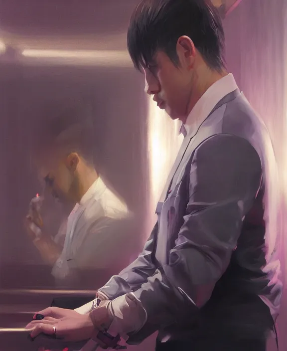 Prompt: an ultradetailed beautiful portrait painting of a man as a nightclub bouncer, side view, oil painting, high resolution, by ilya kuvshinov, greg rutkowski and makoto shinkai