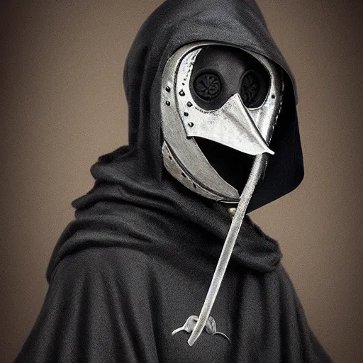 Image similar to female plague doctor donning a black hood, steel knightly armor and a white crow mask, trending on artstation