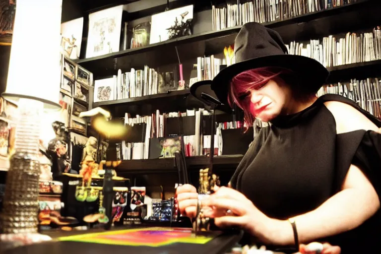 Prompt: close up photo, dramatic lighting, concentration, aphex twin playing with big techno jukebox, tarot cards displayed on the table in front of her, sage smoke, magic wand, a witch hat and cape, apothecary shelves in the background, by yoji shinkawa neon