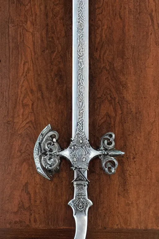 Image similar to sword of justice hanging on a wall, ornate gem in pommel, engraved blade, above a table