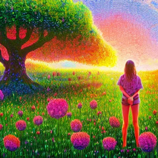 Prompt: girl made from surreal exploding flowers, standing in flower field, big trees, sunrise dramatic light, impressionist painting, colorful clouds, digital painting, pointillism, artstation, simon stalenhag