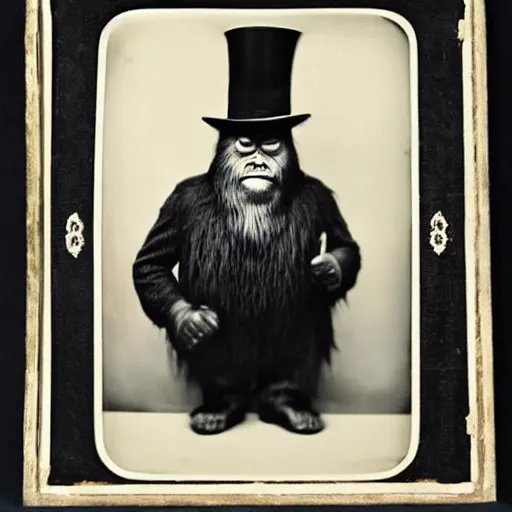 Prompt: a vintage wet plate portrait of a dignified bigfoot with a top hat and cane, extremely detailed, by philippe halsman!!!!!!!!!!!!!!!!!!