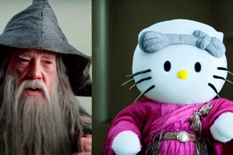 Image similar to portrait of Gandalf dressed up as hello kitty, smiling kindly, sunrise, movie still from Lord of the Rings, cinematic