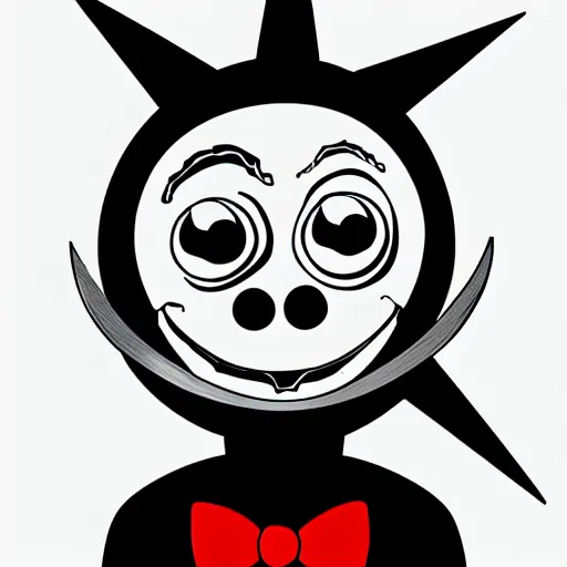 Image similar to photo of vinyl designer toy, cartoon character, head moon crescent, creepy smiling evil face with wrinkles, holds a knife in hand