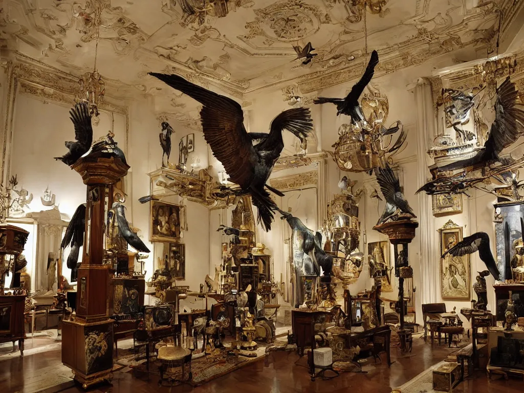 Image similar to Giant Birds and Antique Clocks and Statues of Egyptian Gods in a Baroque Salon, by Santiago Caruso and Ihor Podolchak