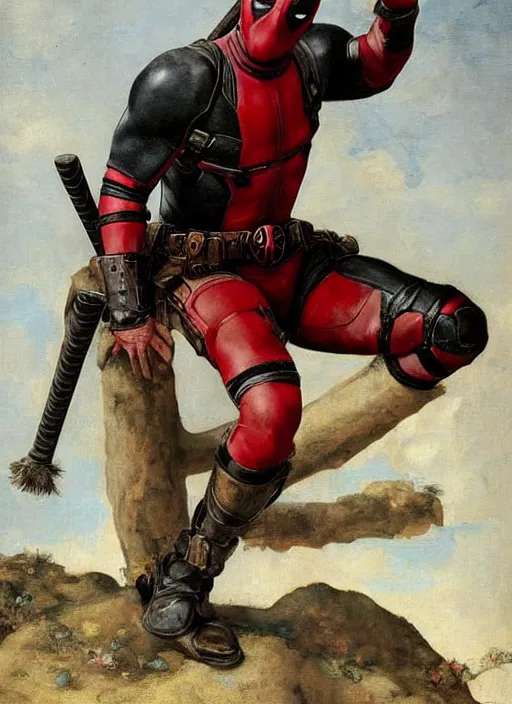 Image similar to oil painting of renaissance deadpool created by gustave courbet and michaelangelo, fantasy, portrait, highly detailed, large brush strokes