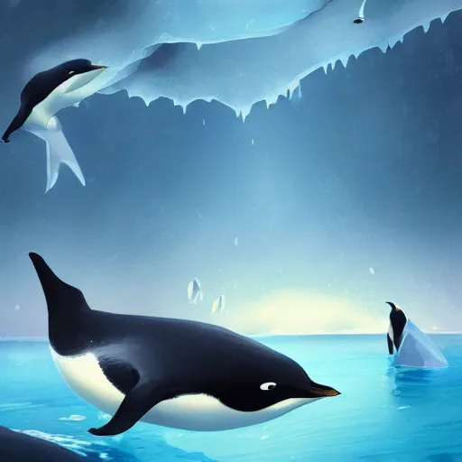 Prompt: penguins diving off a ice berg into a smiling orcas mouth , fantasy art, misty, artstation, concept art, smooth, illustration,