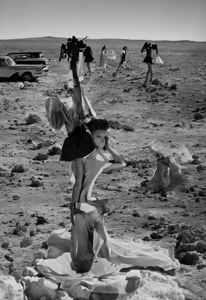 Image similar to fashion editorial on Nevada nuclear bomb test site. 1956. highly detailed. depth of field. high definition. 8k. photography.