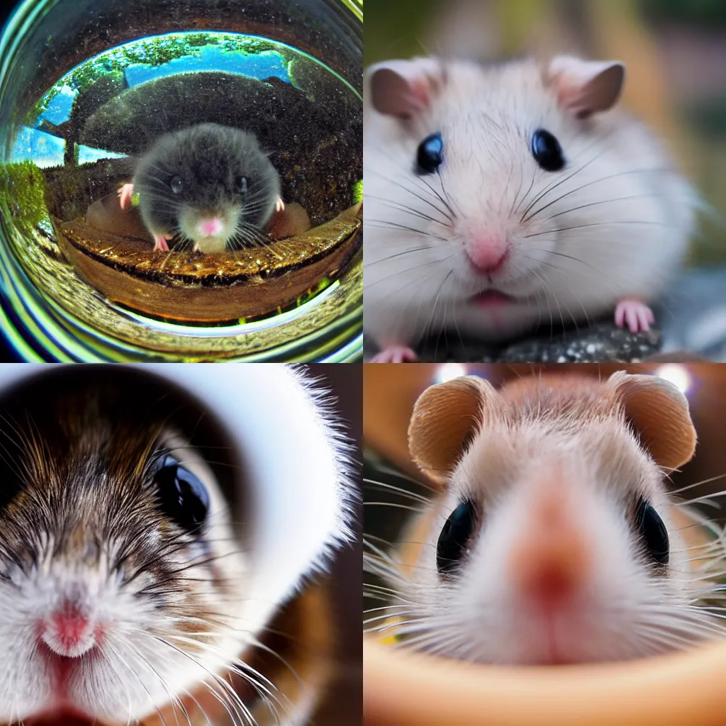 Prompt: a fish - eye lens photo of a hamster