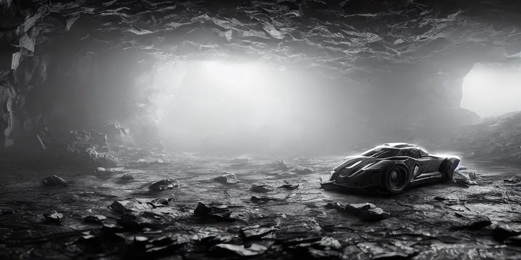 Image similar to the batmobile standing in a very dark and wet cave. highly detailed. intricate. mist. atmospheric. rim light. photorealistic. 8 k. monochrome. rays of light filling the cave. cinematic. matte painting. cinema 4 d. octane render. imagined by ash thorp. ambient occlusion. global illumination.