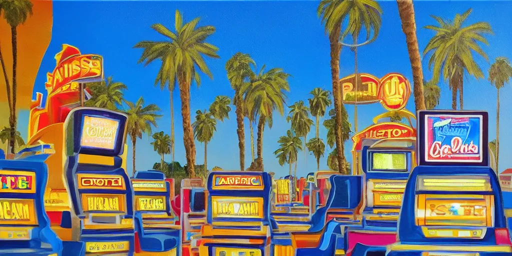 Image similar to oil paint on canvas, art deco style, palm trees and slot machines in oasis