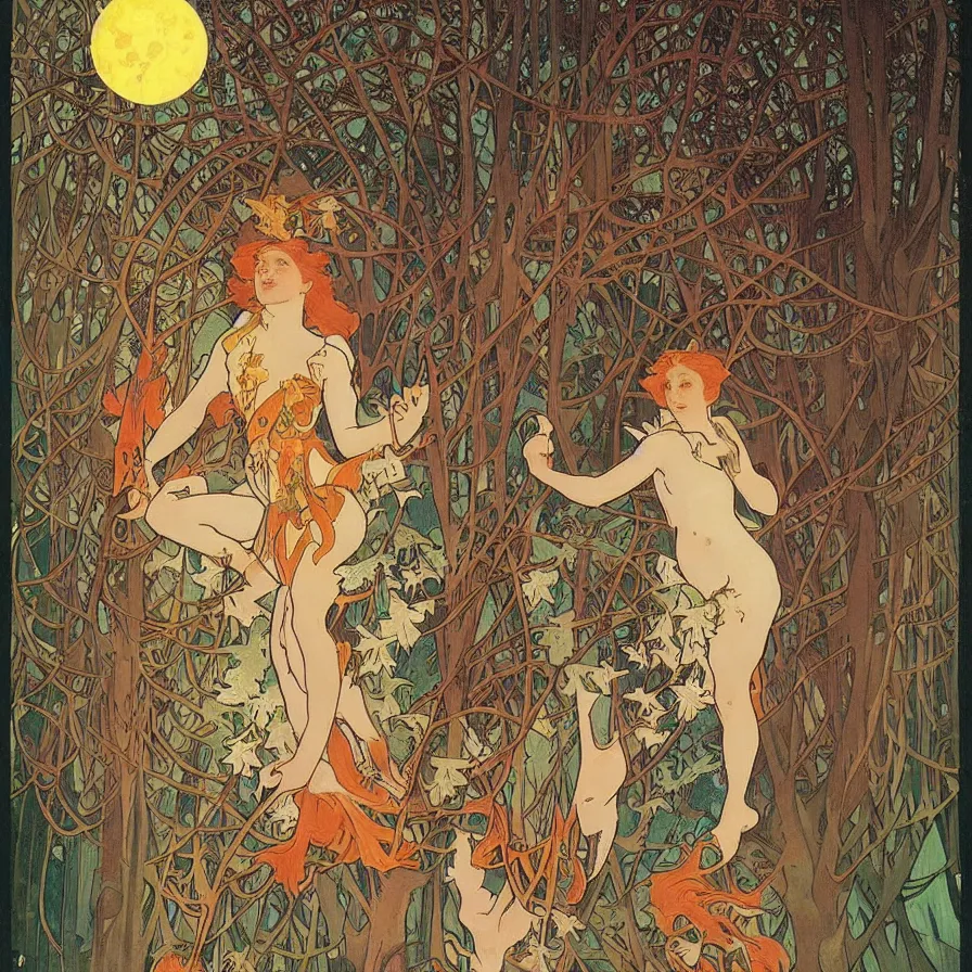 Image similar to a night carnival around a magical tree cavity, with a surreal orange moonlight and fireworks in the background, next to a big lake with iridiscent water, christmas lights, folklore animals and people disguised as fantastic creatures in a magical forest by summer night, masterpiece painted by alphonse mucha and mark brooks, art nouveau, dark night environment