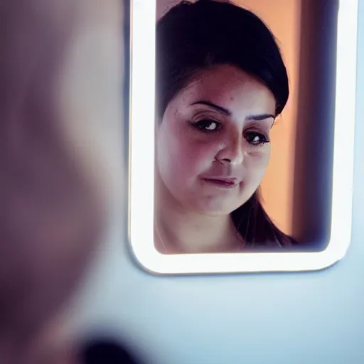 Image similar to a woman is taking a selfie in a mirror, a picture by bouchta el hayani, pexels contest winner, tachisme, hd, shiny eyes, dark