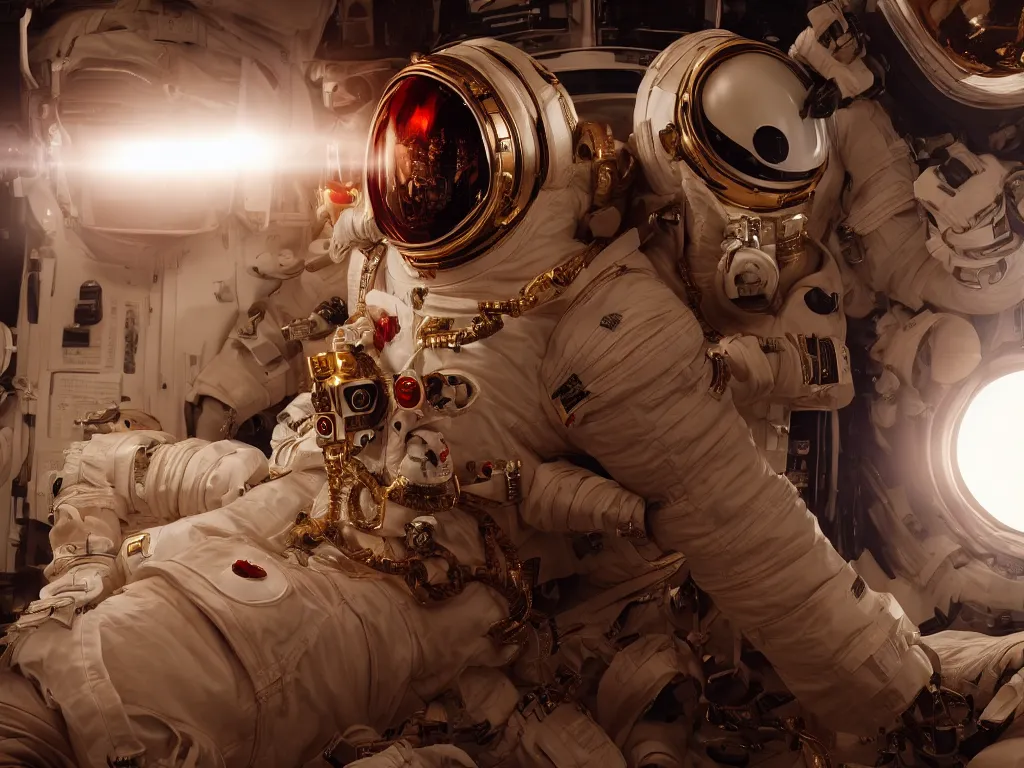 Prompt: ornate red bone in astronaut suit, gold linens, cinematic lighting, dramatic, octane render, long lens, shallow depth of field, bokeh, anamorphic lens flare, 8k, hyper detailed, 35mm film grain