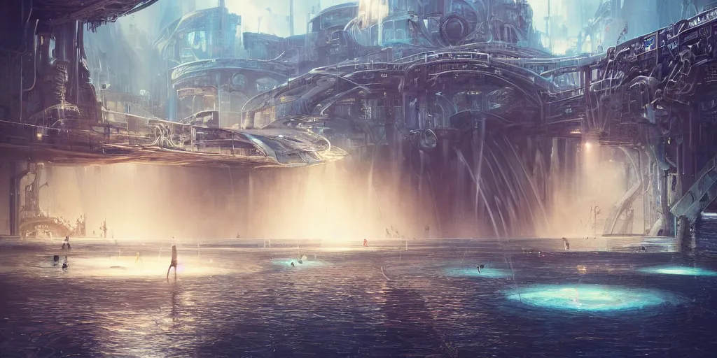 Prompt: beautiful pool waterfalls surrounded by alien robots, steel archways, industrial buildings, rusty metal towers, sun setting, ross tran, fantasy, james jean, peter morbacher, angelarium, alchemy, luxury, heavenly light, soft illumination, trending on artstation, cinematic lighting, digital painting, octane render, artgerm