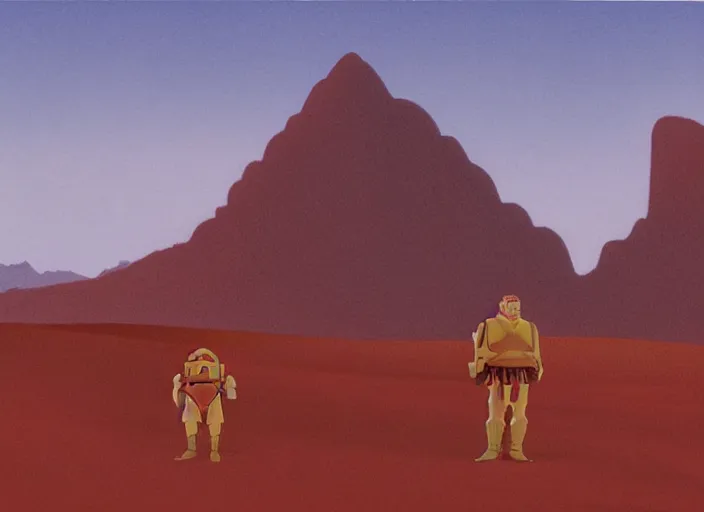 Image similar to the red traveler from the playstation video game journey standing in the desert with the great mountain in the background as illustrated by ralph mcquarrie