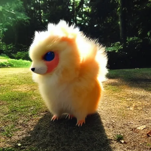 Image similar to real life pokemon, cute!!!, content!!!, mischievous!!!, adorable!!!, fluffy!!!, ultra realistic!!!, golden hour, sharp focus