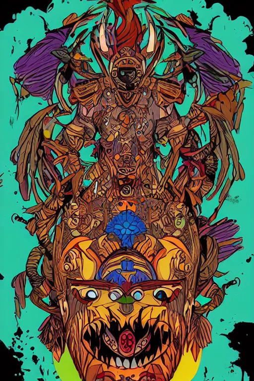 Image similar to animal mask totem roots flower tribal feather gemstone plant wood rock shaman vodoo video game vector cutout illustration vivid multicolor borderlands comics by josan gonzales and dan mumford radiating a glowing aura