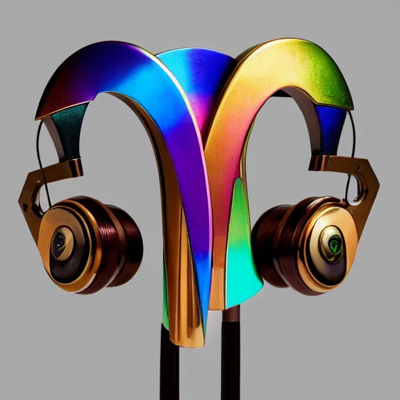 Image similar to masterpiece photo of beautiful crafted artistic bismuth metal headphones, bismuth rainbow metal, bismuth cups, leather padding, displayed on mahogany desk, modernist headphones, bismuth headphones beautiful well designed, hyperrealistic, audiophile, intricate hyper detail, extreme high quality, photographic, meze audio, sennheiser, hifiman, artstation, abyssal audio