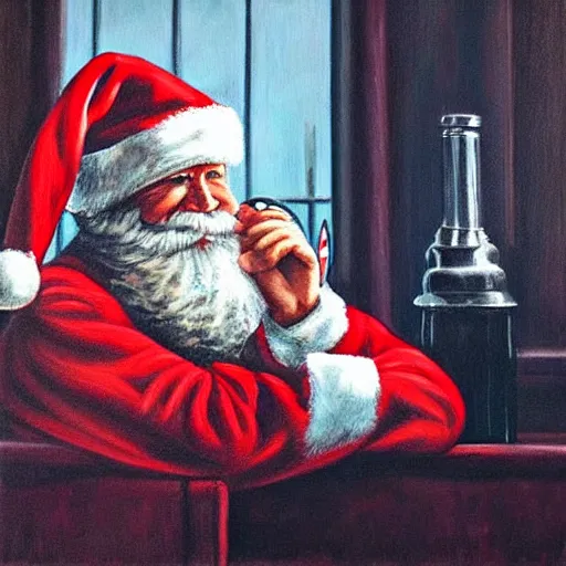 Image similar to santa claus depressed having a drink at a bar, painting, somber, moody lighting