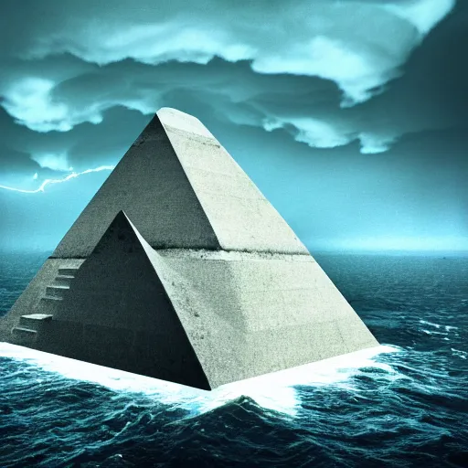 Prompt: brutalist pyramid fortress in the ocean, storm, highly realistic, octane render, ominous vibe, highly detailed, dark