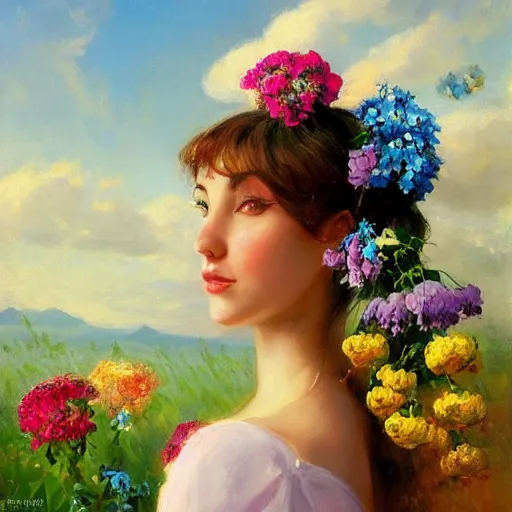 Image similar to a portrait of a romantic woman with flowers grow out of hair, roses peonies forget-me-nots dahlias lupins gladioli, sky theme in background, by Alexandr Averin, Digital Art, Trending on artstation