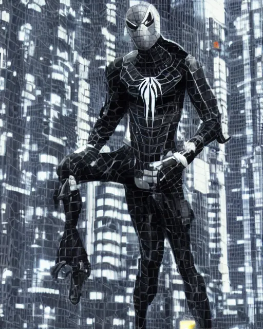 Image similar to black and white cyberpunk spiderman suit sleek greeble suit