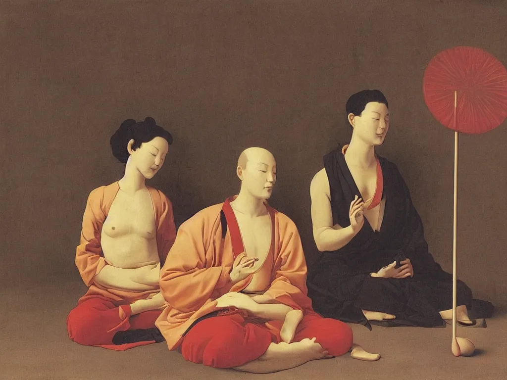 Image similar to portrait of man and woman in zen meditation, with giant lollipop. painting by georges de la tour