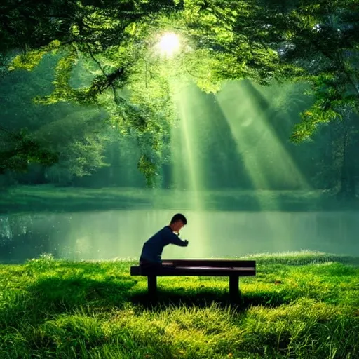 Image similar to a prince sits on a bench in a forest in front of a pond in the center, green color scheme, morning, mist, sun rays, artstation,