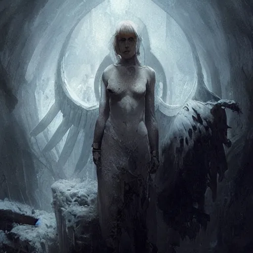 Prompt: in the drakest place in the world, a world of horror, films of all time : : and a stunning white gothic angel, is the experience of all, members of your family who, and reward players for their success, concept art, artwork by greg rutkowski, trending