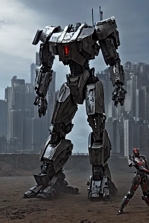 Image similar to cinematic still in ps 5 armoredcore 6 and real steel movie and westworld and pacific rim movie, one slim full body ornate humanoid armored core mega mech by fujioka kenki and by mamoru nagano