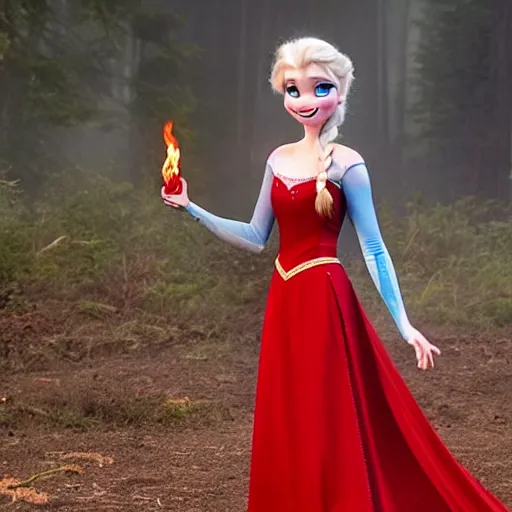 Image similar to elsa from frozen with a red dress and fire powers